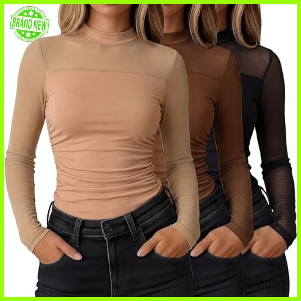 3 Pack Sheer Mesh Tops Long Sleeve Mock Neck Ruched Blouse Party Clubwear